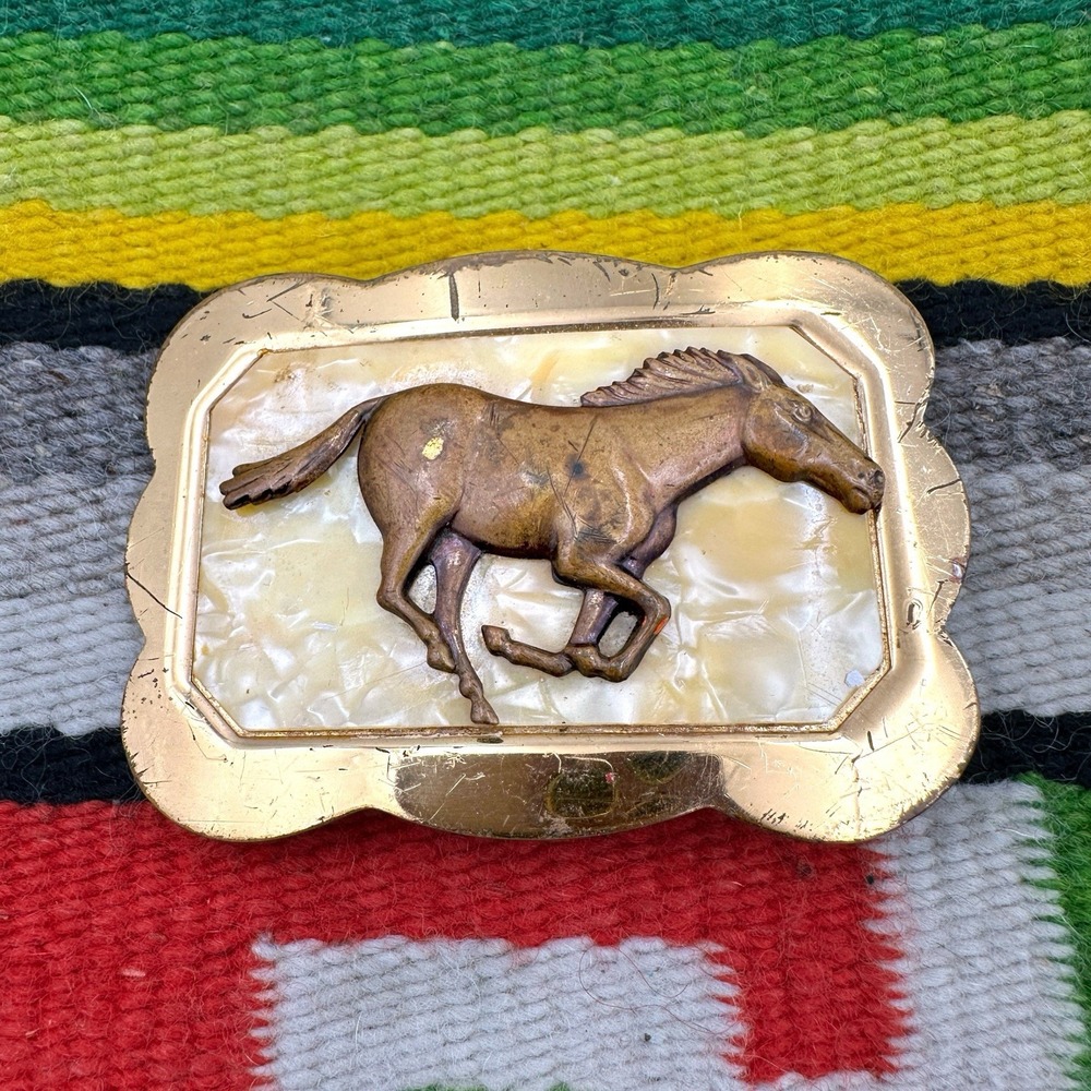 VTG 1940s Wild Horse Brass Belt Buckle Cowboy Pearloid Backing Western